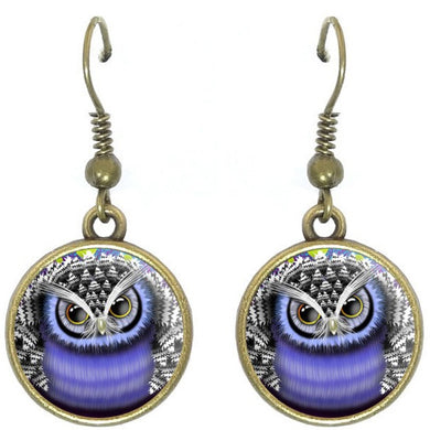 Bronze glass dome earrings OWL purple lavender bird wild animal round dangle