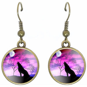 Bronze glass dome earrings HOWLING WOLF sitting Pink wild animal round dangle