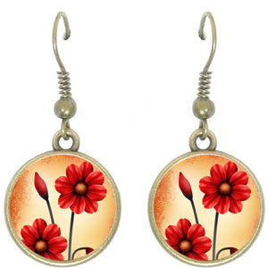Bronze glass dome earrings RED POPPIES flower floral round dangle