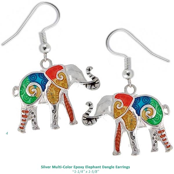 Silver-plated earrings Elephants epoxy multi-color metal dangles - 1 pair