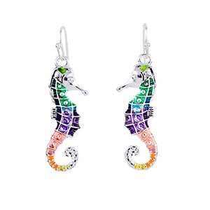 Silver-plated earrings Seahorse enamel multi-color orange sea horse metal dangles - 1 pair