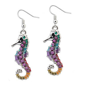Silver-plated earrings Seahorse enamel multi-color purple sea horse metal dangles - 1 pair