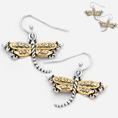 Silver- gold-plated antiqued earrings Dragonfly metal dangles - 1 pair