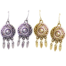 Load image into Gallery viewer, Silver- gold-plated earrings round Bali-like metal leaf dangles - 1 pair