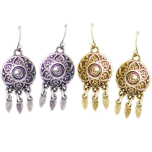 Silver- gold-plated earrings round Bali-like metal leaf dangles - 1 pair