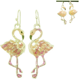 Silver-plated earrings Flamingo pink enamel crystals multi-color metal dangles - 1 pair