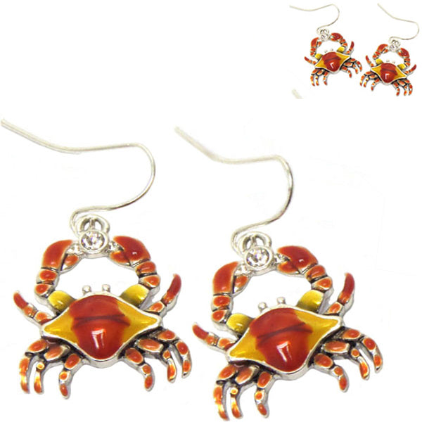 Silver-plated earrings Crab red epoxy multi-colors sea ocean metal dangles - 1 pair