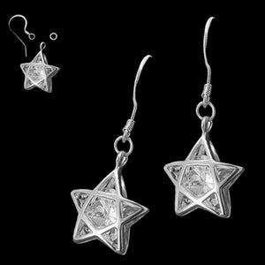 Sterling silver earrings Star center round clear white crystal dangles - 1 pair