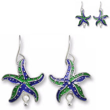 Load image into Gallery viewer, Artisan earrings ZARAH silver STARFISH freshwater pearl ocean hand painted ZARLITE dangles
