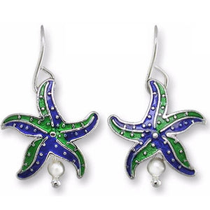 Artisan earrings ZARAH silver STARFISH freshwater pearl ocean hand painted ZARLITE dangles