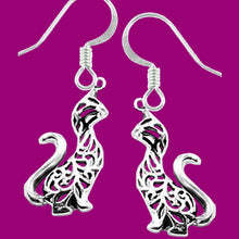 Load image into Gallery viewer, Sterling Silver Earrings Tiger Cat Ajouré long neck Thai dangle earrings