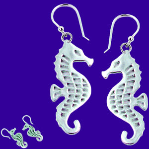 Sterling Silver Earrings Seahorse flat modern design sea horse Thai dangle earrings