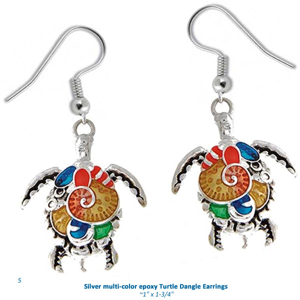 Silver-plated earrings Turtle sea epoxy multi-color metal dangles - 1 pair