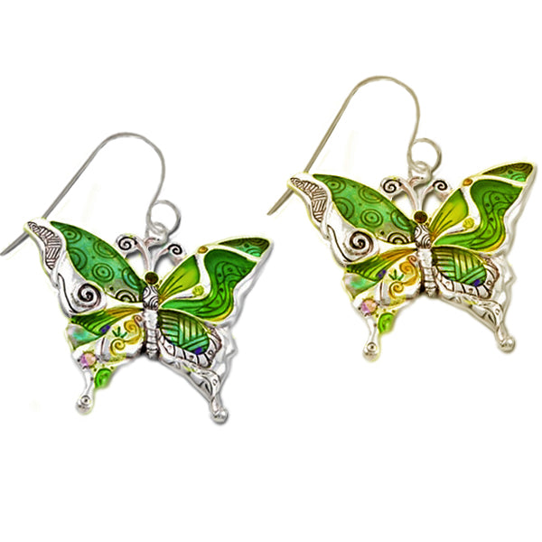 Silver-plated earrings Butterfly epoxy yellow green multi-colors insect metal dangles - 1 pair