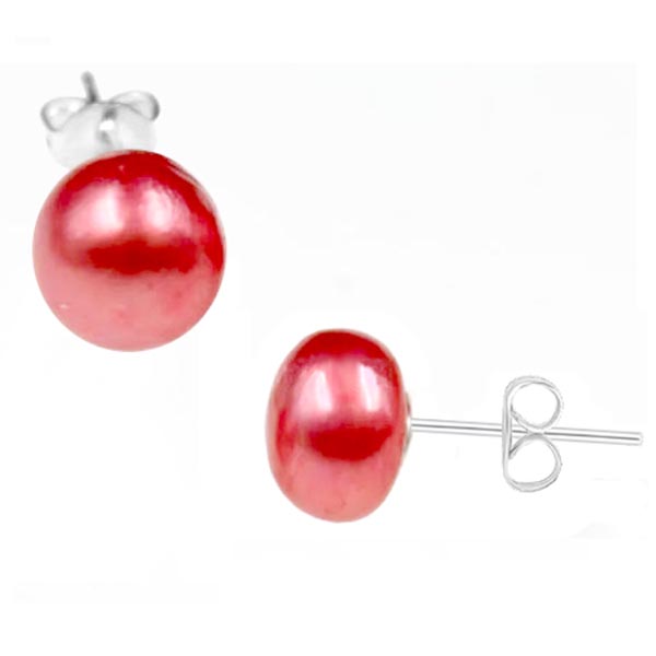 Sterling silver earrings Shell Pearl 7-8mm freshwater semi-round post studs - red