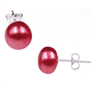 Sterling silver earrings Shell Pearl 7-8mm freshwater semi-round post studs - red brown