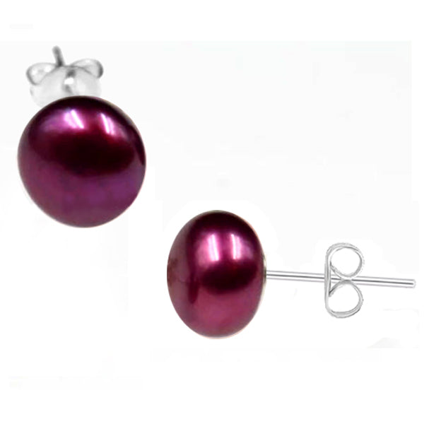 Sterling silver earrings Shell Pearl 7-8mm freshwater semi-round post studs - wine red