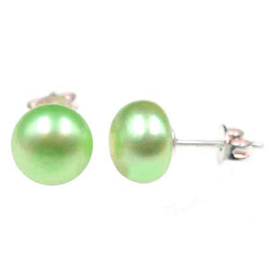 Sterling silver earrings Shell Pearl 8-9mm freshwater semi-round post studs - green
