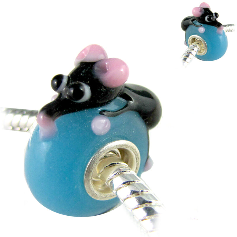 European 1 silver lampwork glass Mouse black animal blue spacer charm bead