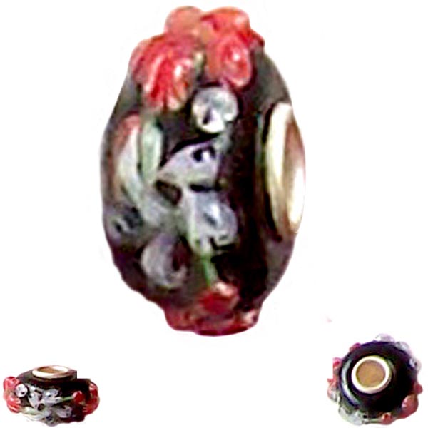 European 1 silver lampwork glass red white Floral flower black spacer charm bead