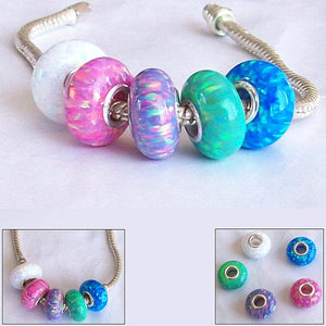 European 1 Sterling Silver Green OPAL Lab bead .925 14x7mm charm large hole - great flash