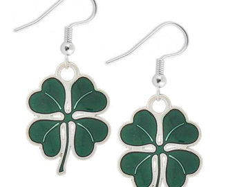 Silver-plated earrings four 4 leaf clover green lucky Irish luck dangles - 1 pair