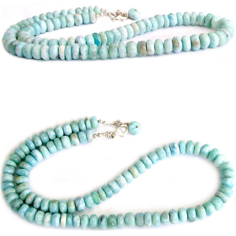 Rare Larimar Dominican sterling silver & natural blue white ~10-17mm graduated rondelle beads necklace