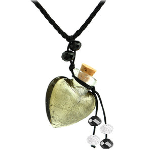 Glass Foil Heart bottle KEEPSAKE cork crystal dangles cord adjustable necklace memory grief hair locks cremation crystals urn ashes perfume oil - SMOKY QUARTZ