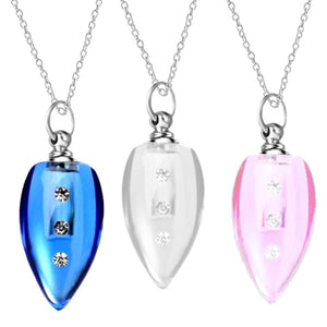 Crystal glass KEEPSAKE pendant Necklace Smooth Point 3 CZs miniature bottle memories grief cremation oil herbs ashes - U PICK