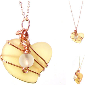 01 Artisan COPPER wire-wrapped Sea Glass 30mm Heart pendant Yellow | seaglass bead dangle | 18" chain necklace