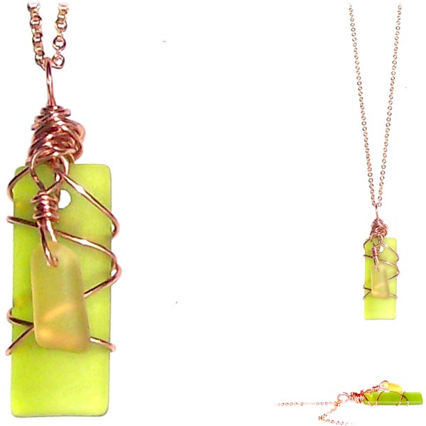 Artisan COPPER wire-wrapped Sea Glass rectangle & dangle beads pendant GREEN dark | 18