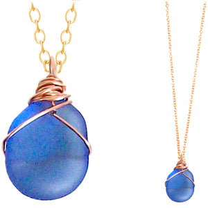 Artisan Copper wire-wrapped Sea Glass pendant SAPPHIRE blue | 18" chain necklace