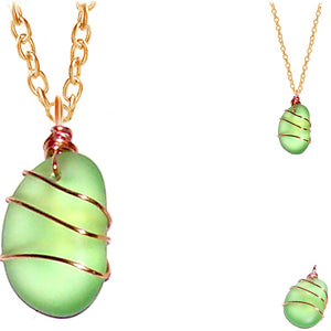 Artisan COPPER wire-wrapped Sea Glass pendant GREEN light | 18" chain necklace