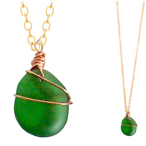 Artisan COPPER wire-wrapped Sea Glass pendant GREEN dark| 18" chain necklace
