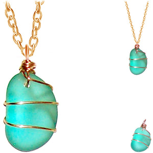 Artisan COPPER wire-wrapped Sea Glass pendant BLUE GREEN | 18" chain necklace