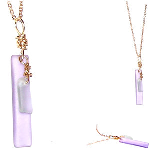 Artisan GOLD wire-wrapped Sea Glass rectangle & dangle beads pendant Lavender | 18" chain necklace