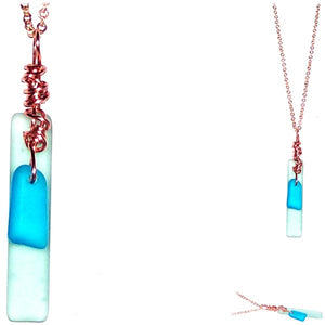 Artisan COPPER wire-wrapped Sea Glass rectangle & dangle beads pendant Blue light | 18" chain necklace