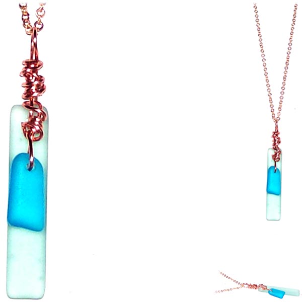 Artisan COPPER wire-wrapped Sea Glass rectangle & dangle beads pendant Blue light | 18