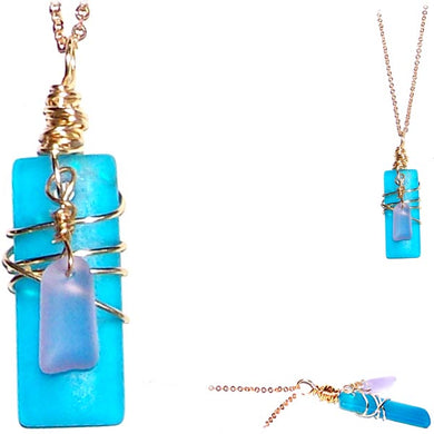 Artisan GOLD wire-wrapped Sea Glass rectangle & dangle beads pendant Blue, light | 18