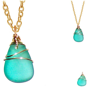 Artisan GOLD wire-wrapped Sea Glass pendant GREEN BLUE | 18" chain necklace