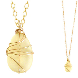 Artisan GOLD wire-wrapped Sea Glass LEMON yellow pendant drop | 18" chain necklace