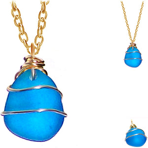 Artisan GOLD wire-wrapped Sea Glass pendant TURQUOISE blue | 18" chain necklace