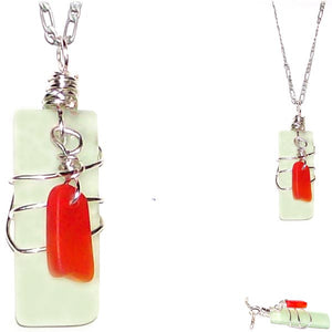 Artisan SILVER wire-wrapped Sea Glass rectangle & dangle beads pendant light green, orange | 18" chain necklace