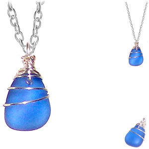 Artisan SILVER wire-wrapped Sea Glass pendant SAPPHIRE blue | 18" chain necklace