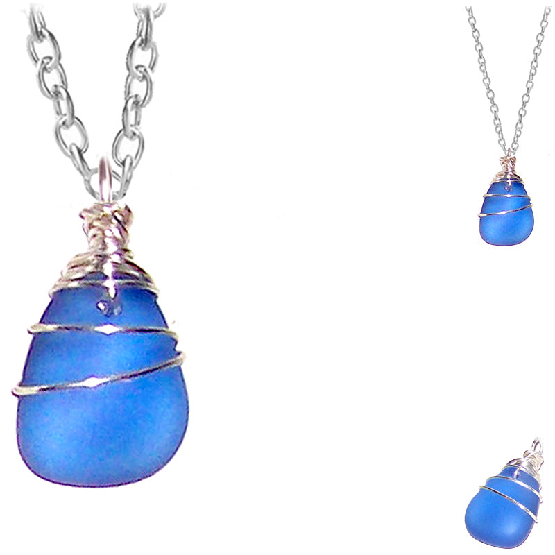 Artisan SILVER wire-wrapped Sea Glass pendant SAPPHIRE blue | 18