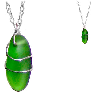 Artisan SILVER wire-wrapped Sea Glass pendant GREEN dark | 18" chain necklace