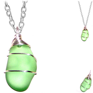 Artisan SILVER wire-wrapped Sea Glass pendant GREEN light | 18" chain necklace