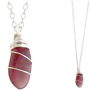 Artisan SILVER wire-wrapped Sea Glass pendant PURPLE | 18" chain necklace