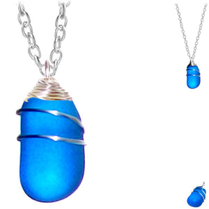 Artisan SILVER wire-wrapped Sea Glass pendant TURQUOISE blue | 18" chain necklace
