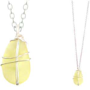 Artisan SILVER wire-wrapped Sea Glass LEMON yellow pendant | 18" chain necklace